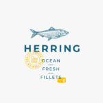 Ocean Fresh Fillets Abstract Vector Sign, Symbol or Logo Template. Hand Drawn Herring Fish with Premium Modern Typography, Quality Seal and Tin Can Silhouette. Stylish Vector Emblem Concept. Isolated.